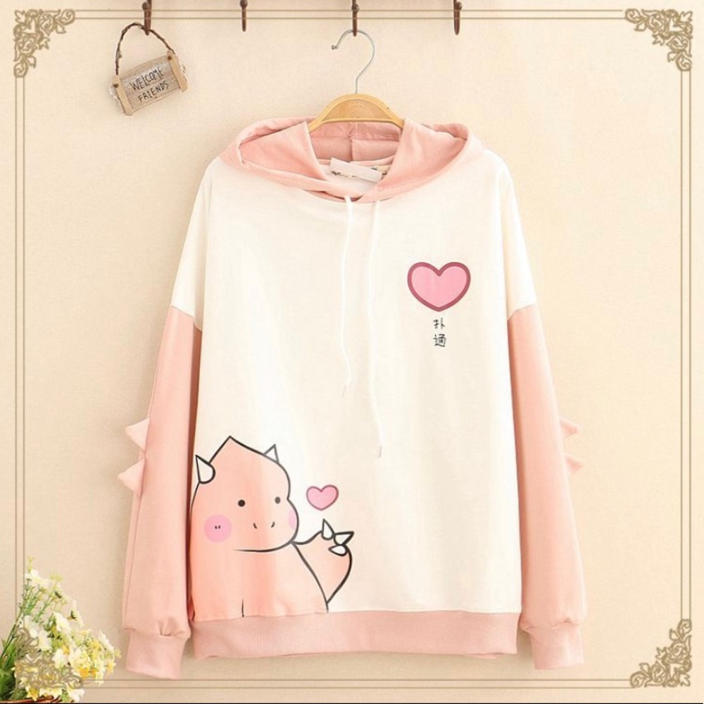 Kawaii Fairyland - Dinosaur Print Color-Block Sleeve Hoodie